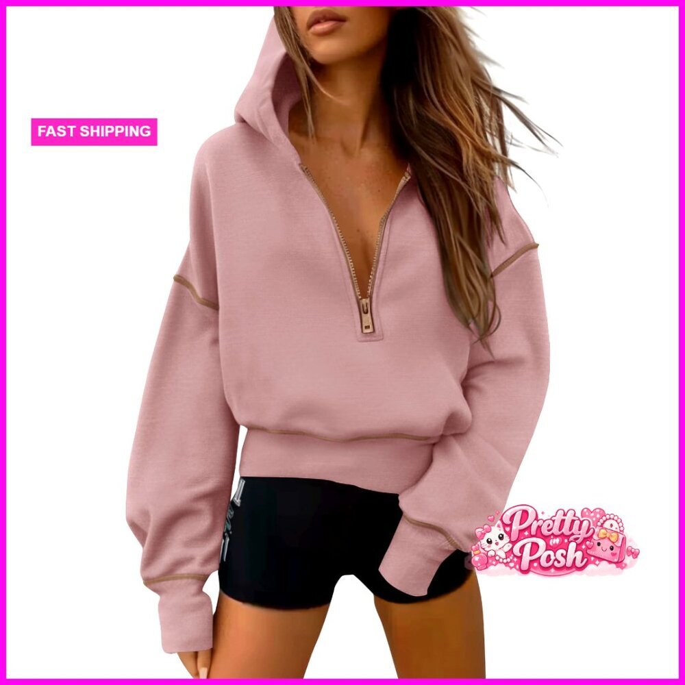 Half Zip Cropped Hoodie Pullover Long Sleeve Fleece Lined